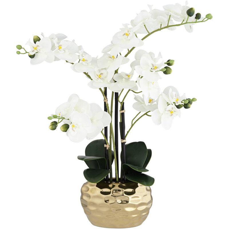 White Phalaenopsis Orchid in Textured Gold Ceramic Pot, 23" High