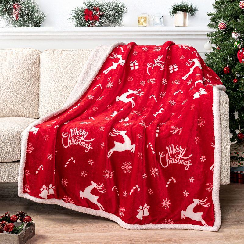 Red Reindeer Christmas Fleece Sherpa Reversible Throw Blanket