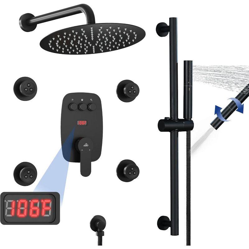 3-Function 12 Inch Temperature Digital Display Shower System With 2-Setting Slider Bar Handheld And 4Pcs Body Jets