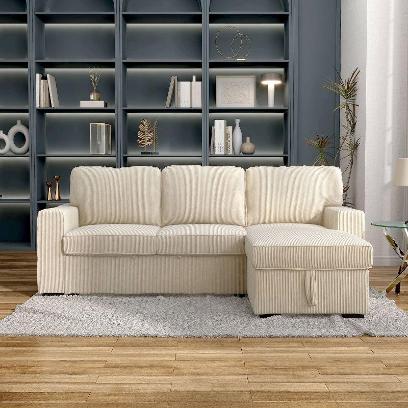 HOMES: Inside + Out Paeke Sleeper Sectional Sofa Corduroy with Storage Chaise and Reversible Beige