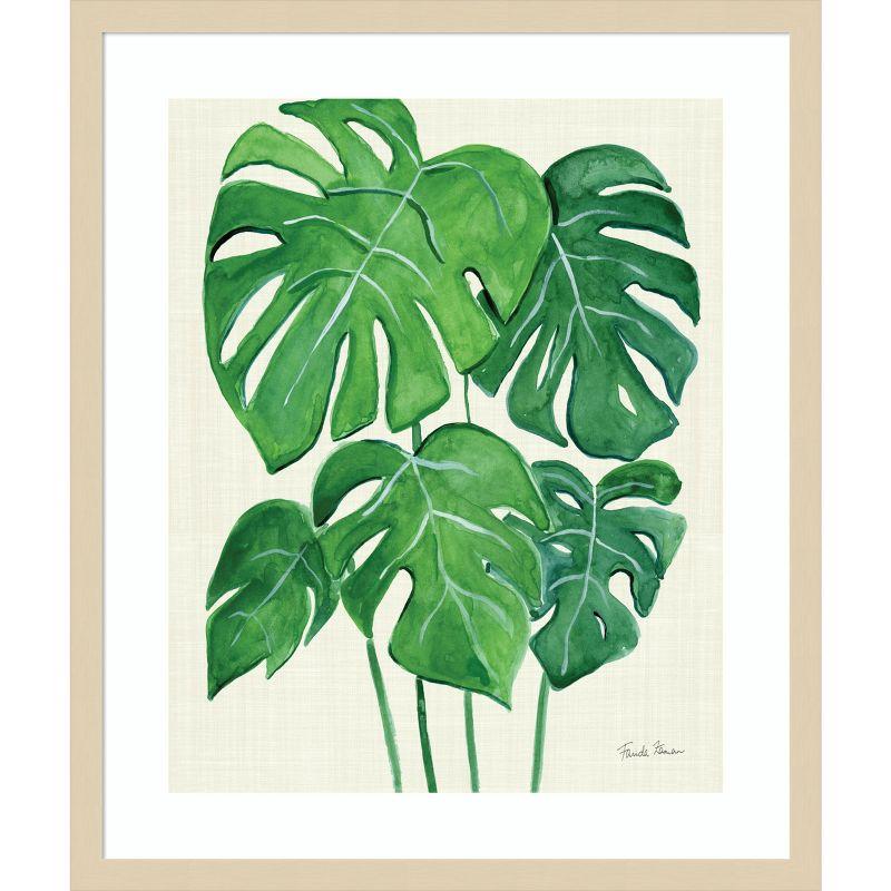 Tropical Green Monstera Leaves Watercolor Wood Framed Print, 21 x 25