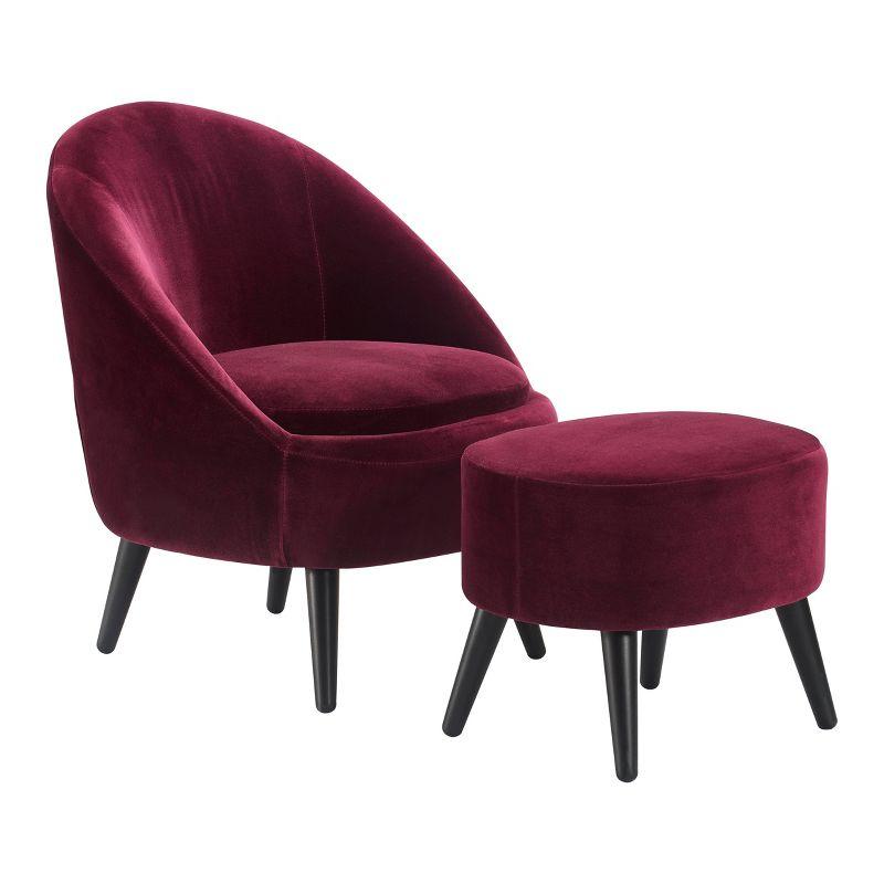 Nico Mid Century Modern Accent Chair and Ottoman Set French Merlot Red Velvet - Adore Decor: Upholstered, Polyester, Wood Frame