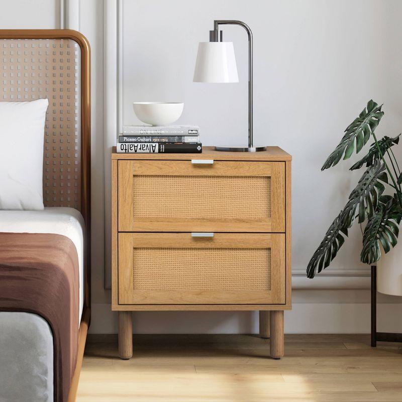 Sango Sango Orre 2-Drawer Solid Wood Nightstand, With Rattan, Cylicndrical Wooden Legs