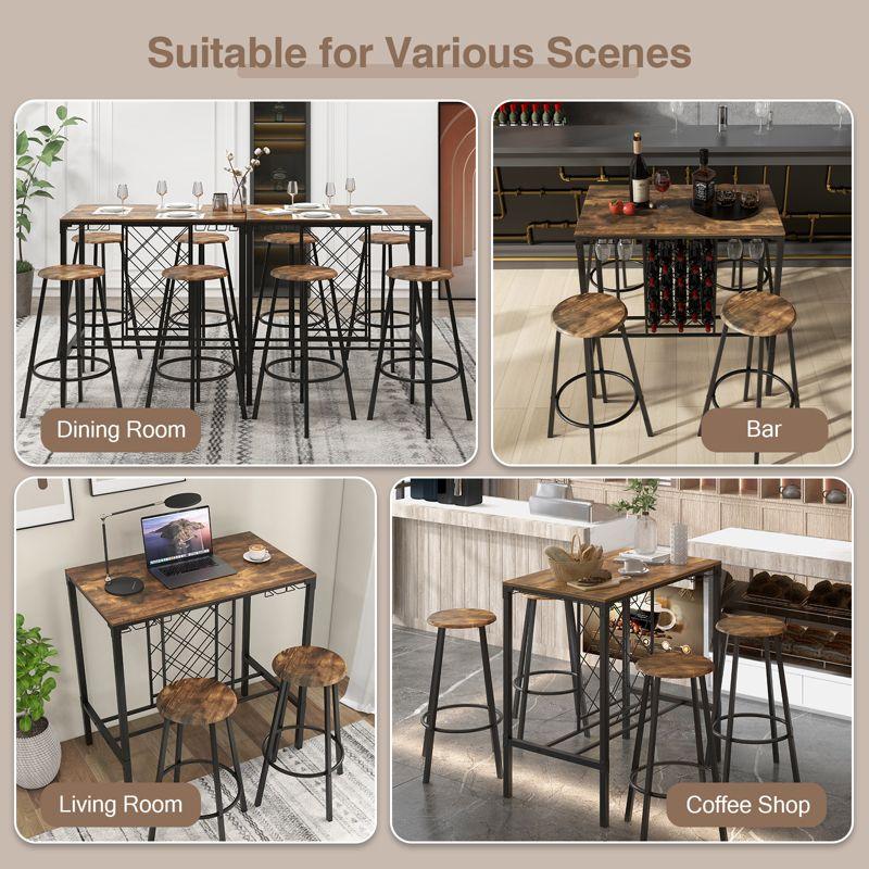 Costway 5PCS Bar Table & Stools Set Industrial Bistro Set with Wine Rack & Glass Holder