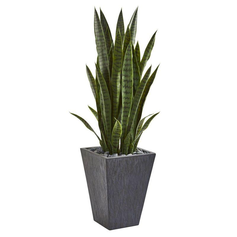 Tall Dark Green Plastic Sansevieria in Slate Planter