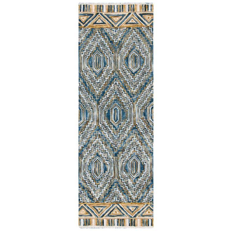 Handmade Blue Geometric Wool Tufted Area Rug, 2'3" x 7'