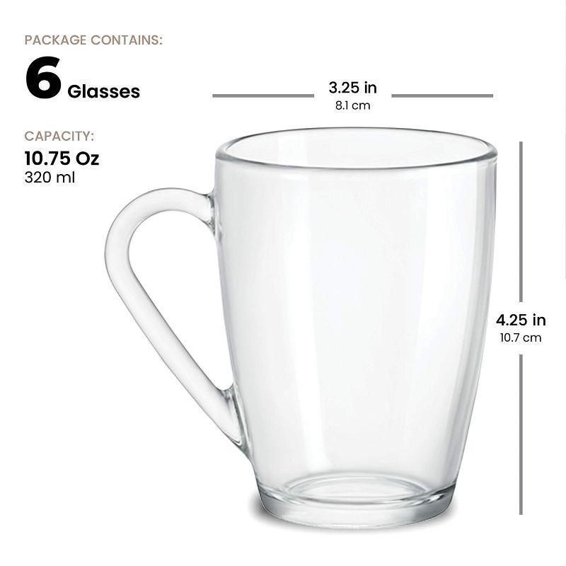 Bormioli Rocco Glass Coffee Mug, Set of 6, 10¾ oz. with Convenient Handle, Tea Glasses for Hot/Cold Beverages, Thermal Shock Resistant, Tempered Glass