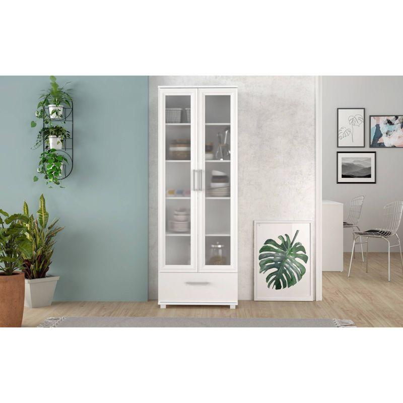 White 71.85" Bookcase with Frosted Glass Doors and Drawer