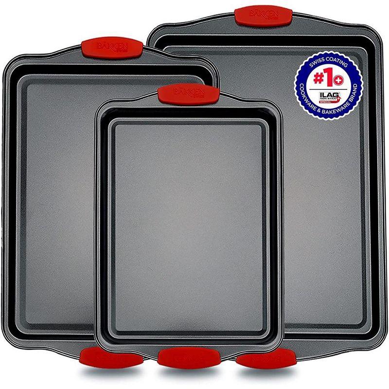 3-Piece Non-Stick Carbon Steel Baking Sheet Pan Set with Red Silicone Handles