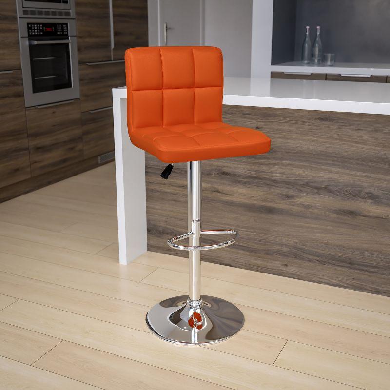 Orange Quilted Vinyl Adjustable Height Swivel Barstool with Chrome Base