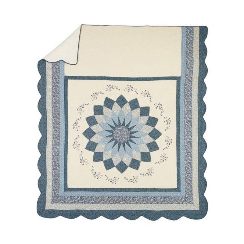 Charlotte Blue Cotton Queen Bedspread with Floral Scrolls