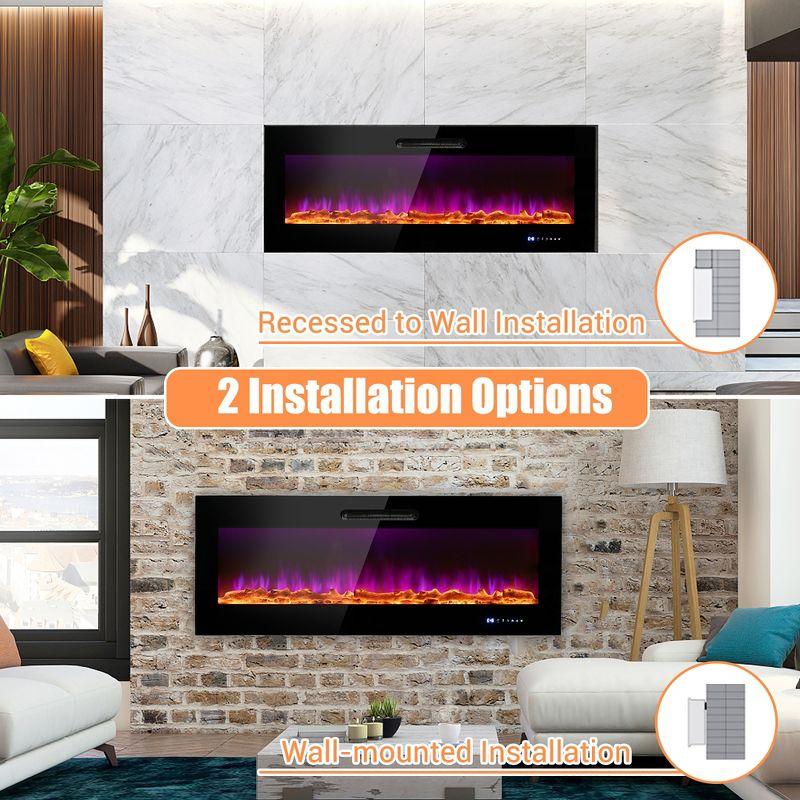 Costway 50'' Electric Fireplace Recessed Wall Mounted Heater W/ Decorative Crystal & Log