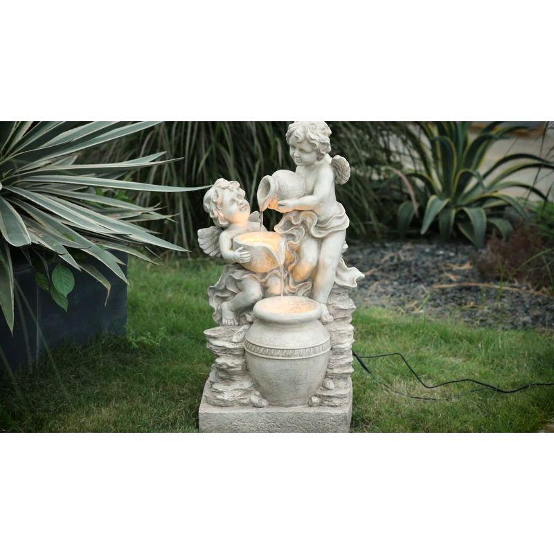 LuxenHome 30” Gray Resin Cherub Angels Outdoor Water Fountain with LED Lights, Garden Fountain Decor for Yard