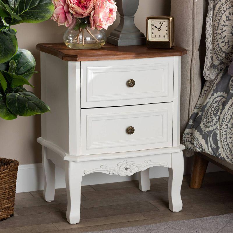 2 Drawer Darlene Wood Nightstand White/Cherry Brown - Baxton Studio: Traditional Style, Carved Knobs, Storage