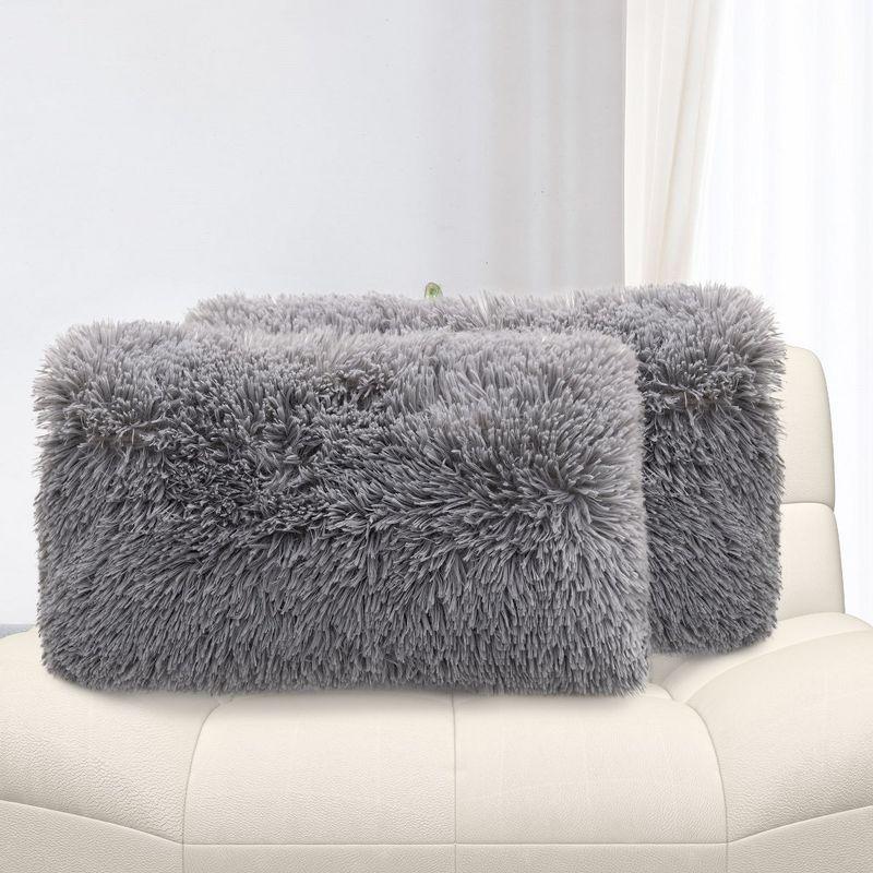 Cheer Collection Super Soft Shaggy Long Hair Throw Pillows Set of 2 - Silver (12" x 20")