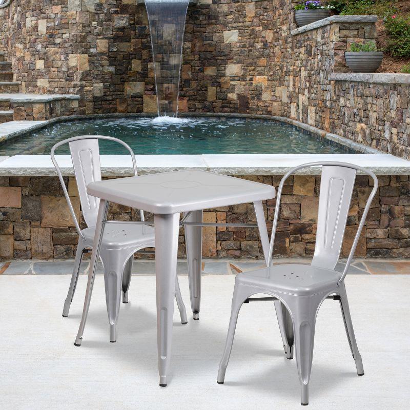 Flash Furniture Commercial Grade 23.75" Square Silver Metal Indoor-Outdoor Table Set with 2 Stack Chairs