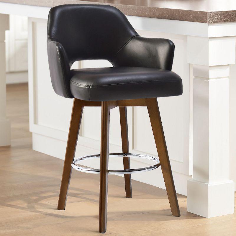 26.5" Edward Armrest Black Faux Leather Thick Seat 360° Swivel Counter Height Barstool Combine with Rubberwood Legs and Silver Footrest-Maison Boucle