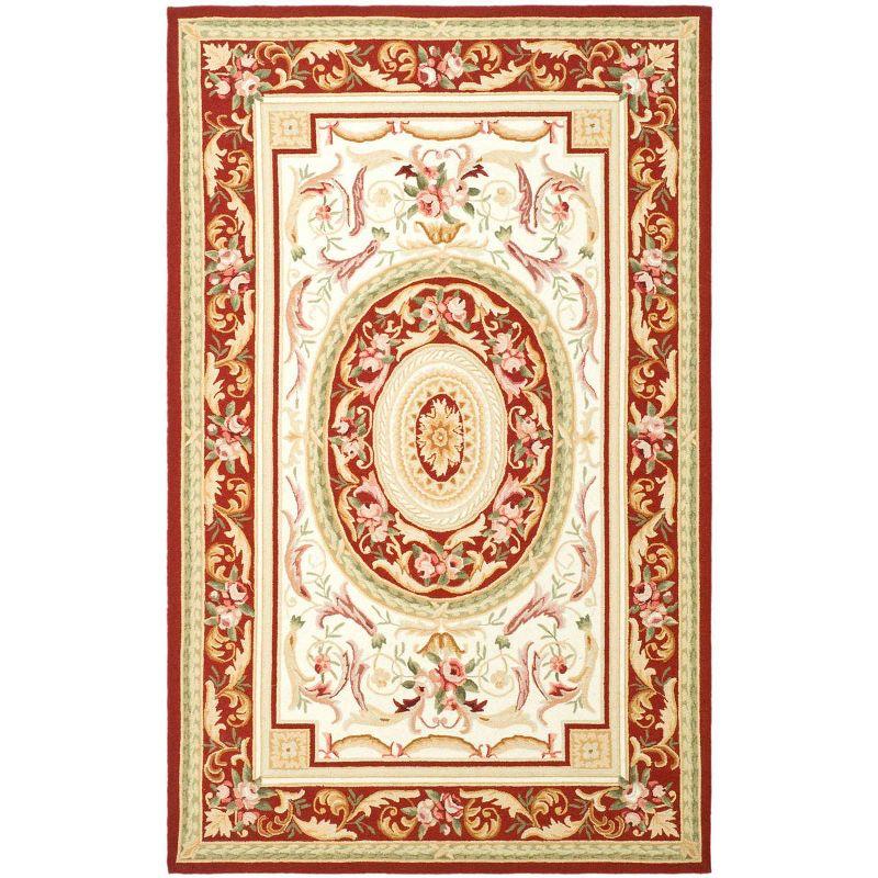 Elegant Ivory and Burgundy Floral Wool Area Rug 5'3" x 8'3"