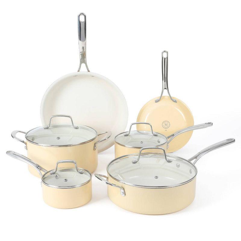 Martha Stewart 10pc Lockton Ceramic Interior Cookware Set Butter Cream: Skillets, Sauce & Fry Pans, Gas & Induction Compatible