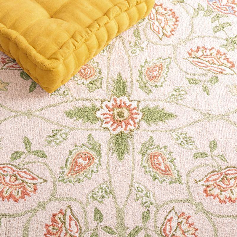 Beige and Green Hand-Hooked Wool Floral Area Rug