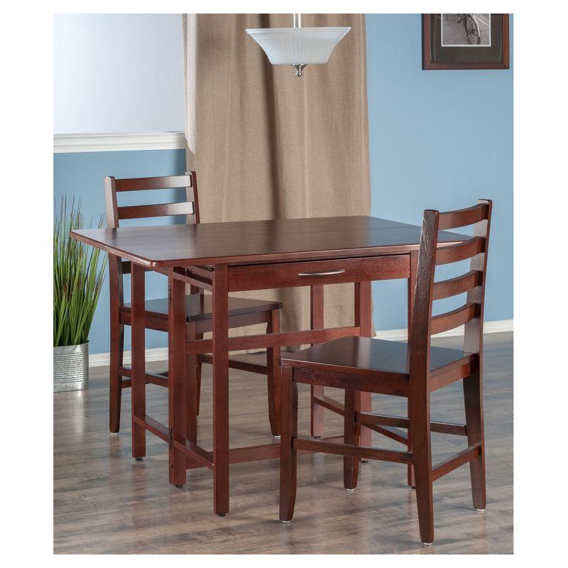 3pc Taylor Drop Leaf Dining Set with Ladder Back Chairs Walnut - Winsome: Solid Wood, Extendable, Drawer Storage