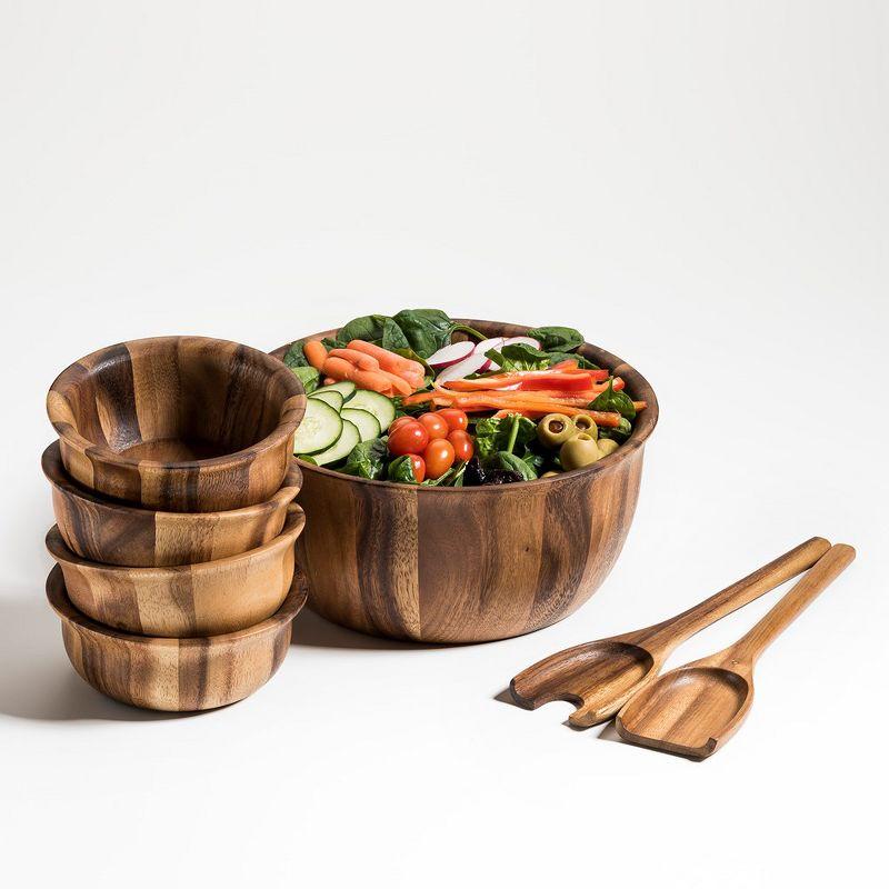 Kalmar Home Large Acacia Wood Salad Bowl Set with Servers and 4 Bowls