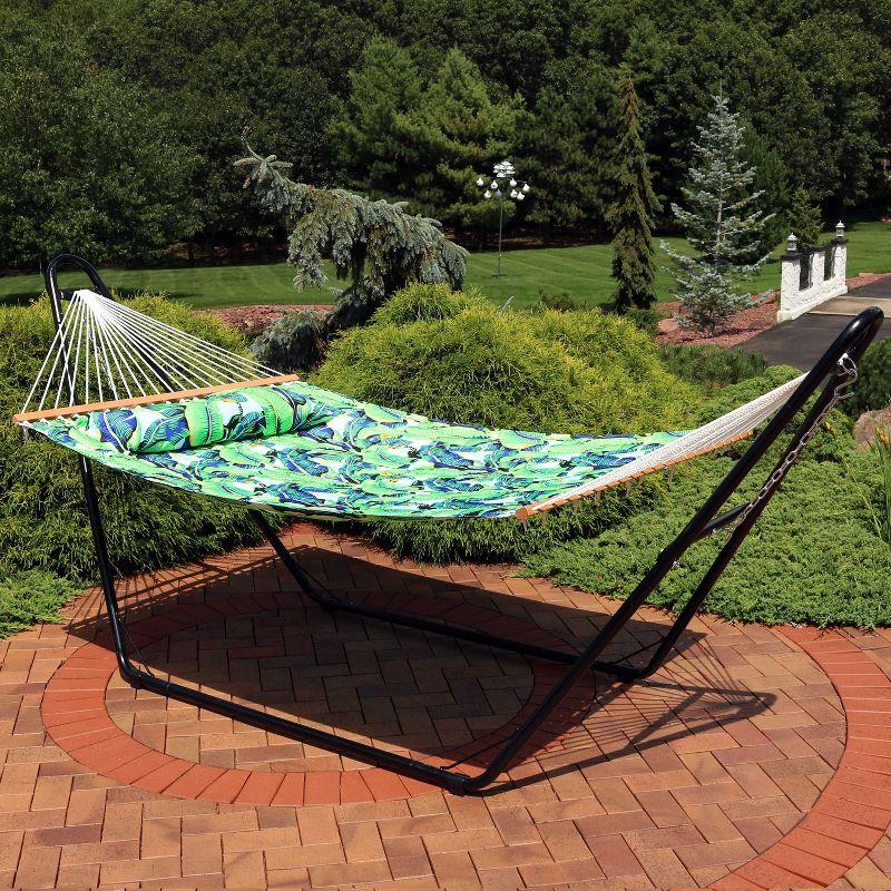 Sunnydaze 2-Person Quilted Printed Fabric Spreader Bar Hammock and Pillow with S Hooks and Hanging Chains - 450 lb Weight Capacity - Exotic Foliage