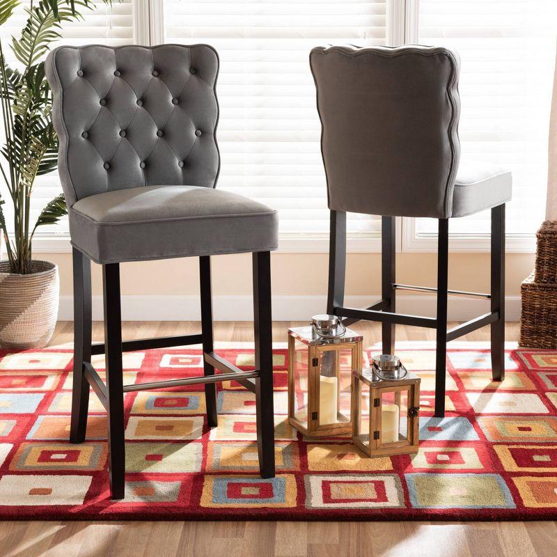 2pc Daphne Velvet Fabric Upholstered and Wood Counter Height Barstool Set Gray/Brown - Baxton Studio: Elegant Tufted Design, Silver-Tone Footrest