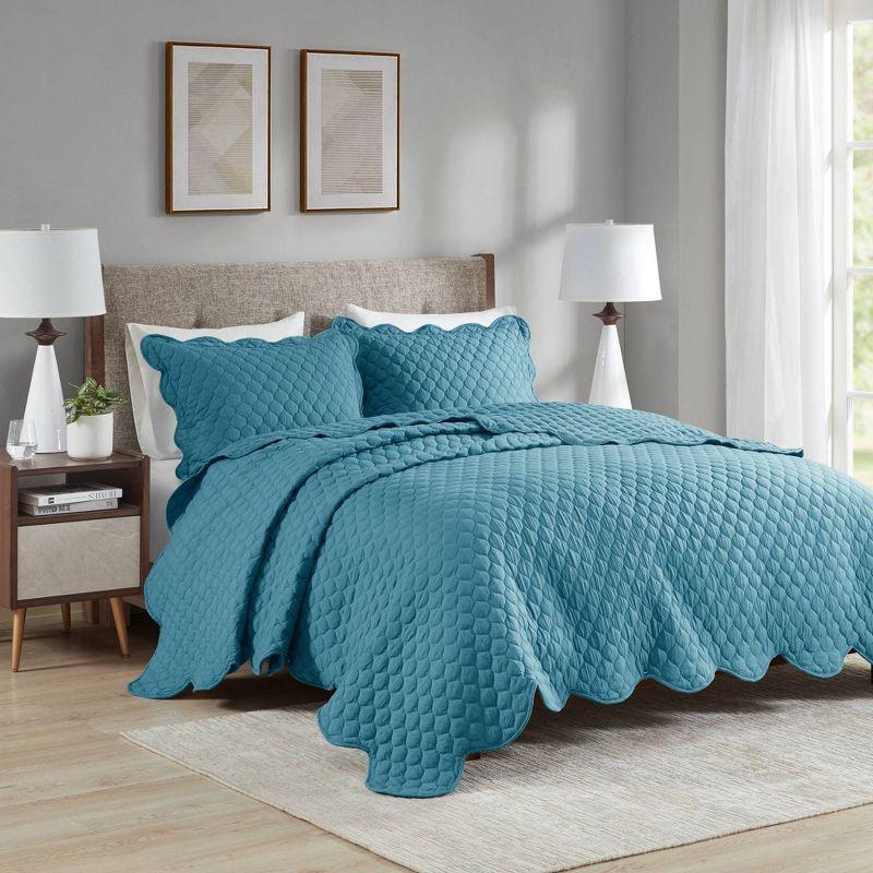 Teal King Reversible Microfiber Quilt Set with Scallop Edges