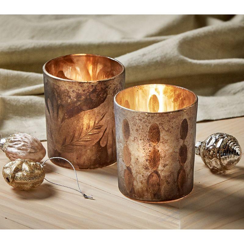 Opal Glass Tealight Holder with Hand Etched Details, 3.7 inch