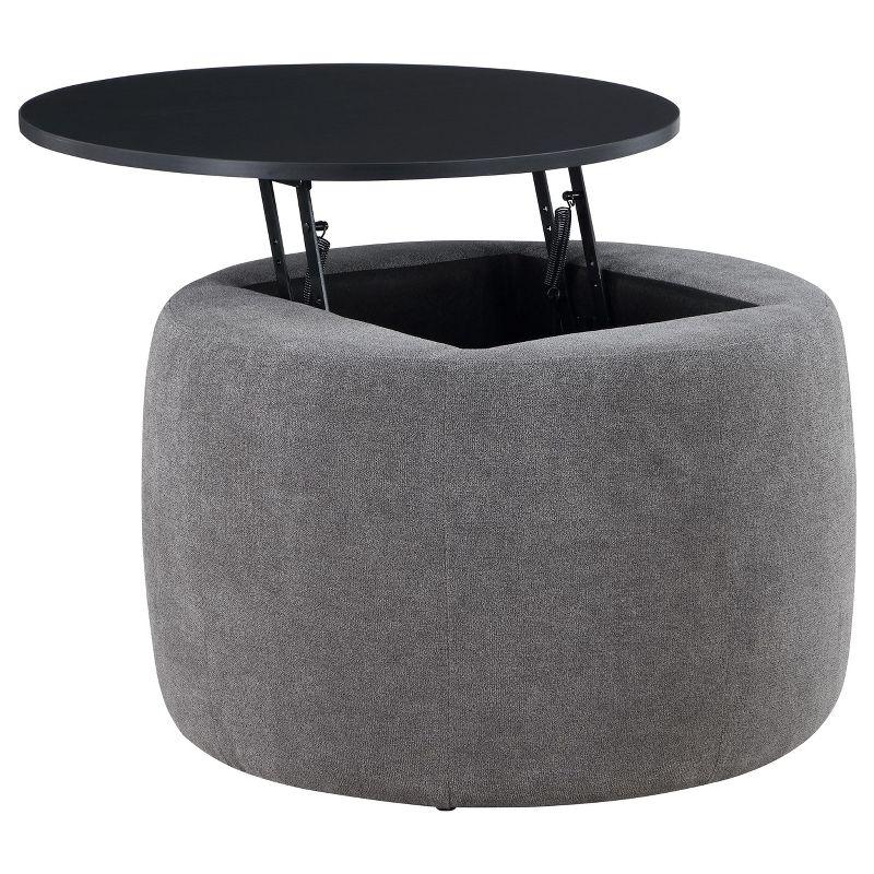 Gray and Black Round Upholstered Lift-Top Storage Ottoman