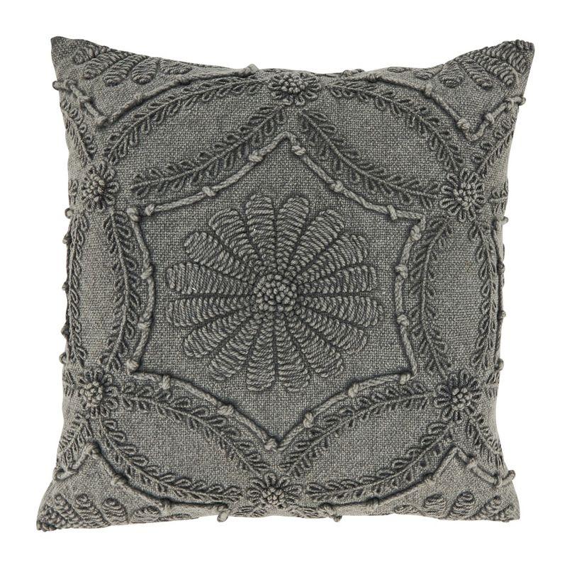 Gray Embroidered Cotton Square Throw Pillow, 18"x18"