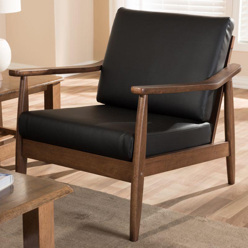 Venza Mid Century Modern Walnut Wood Faux Leather Lounge Chair Black - Baxton Studio: Indoor Armchair, Rubberwood Frame