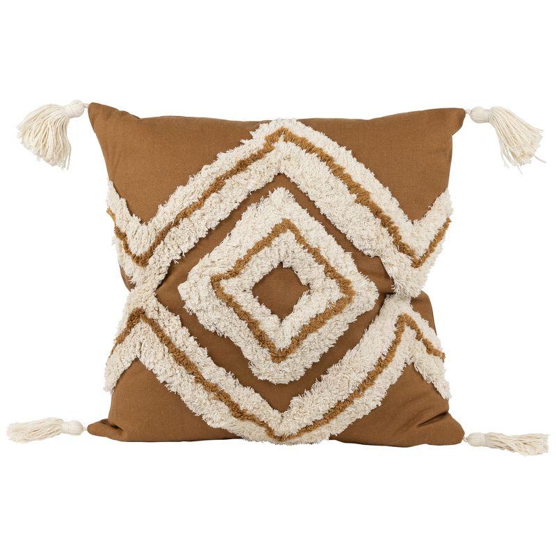 16" Camel Brown Cotton Square Pillow with Tassels