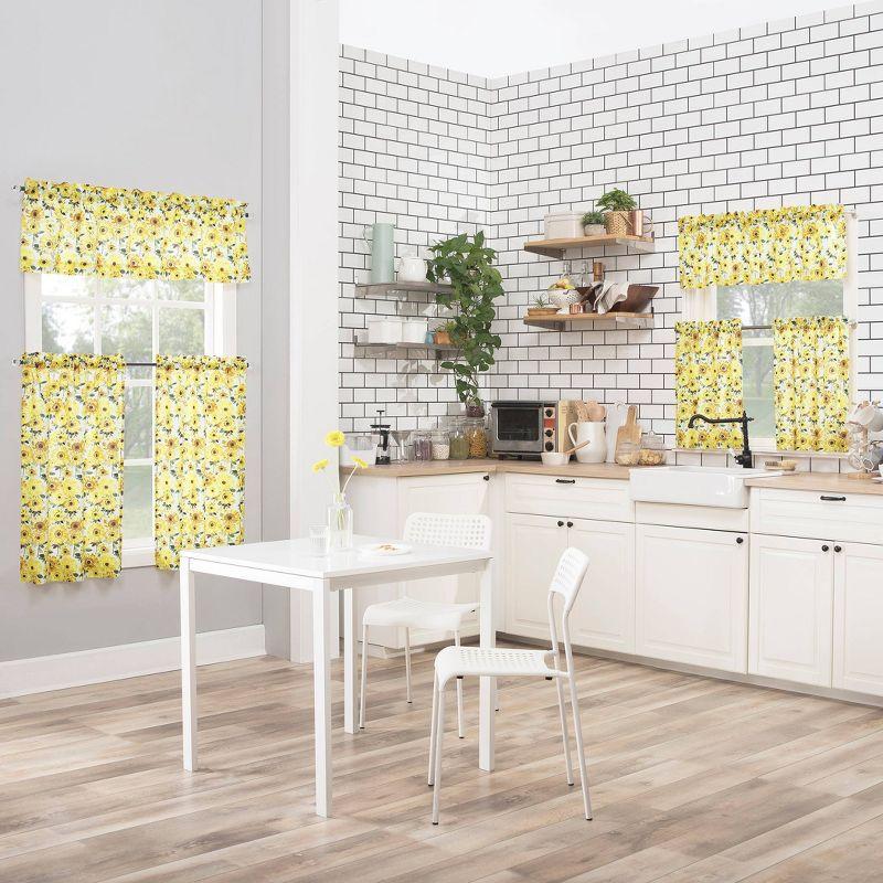 36"x54" Sunflower Print Semi Sheer Rod Pocket Kitchen Curtain Valance and Tiers Set Yellow - No. 918: Floral Botanical Kitchen Curtains
