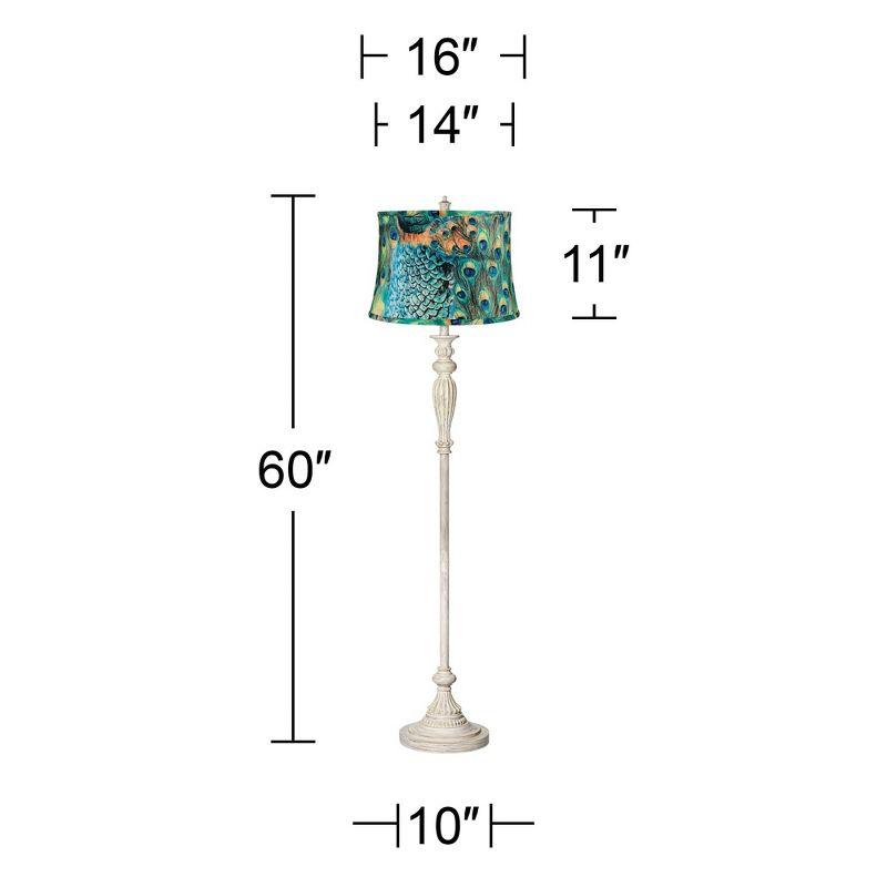 360 Lighting Shabby Chic Floor Lamp 60" Tall Antique White Washed Peacock Print Drum Shade for Living Room Reading Bedroom Office