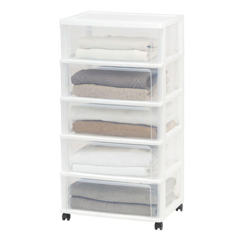 IRIS USA 5 Drawer Wide Storage Drawer Cart with Caster Wheels, Plastic Rolling Dresser for Home Closet Bedroom Bathroom Office Laundry, White/Clear