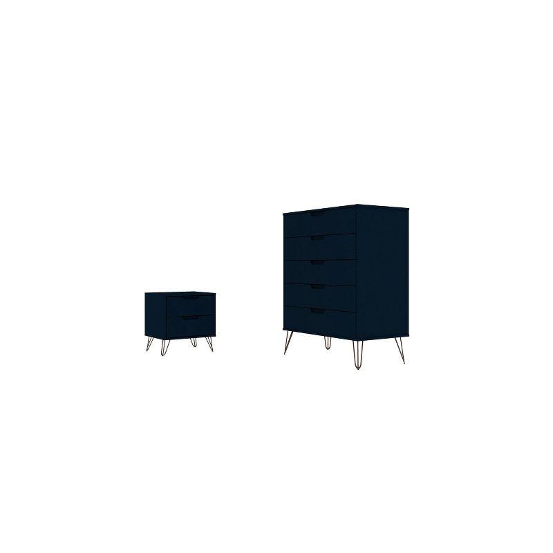 Tatiana Midnight Blue Mid-Century Modern 5-Drawer Dresser and Nightstand Set