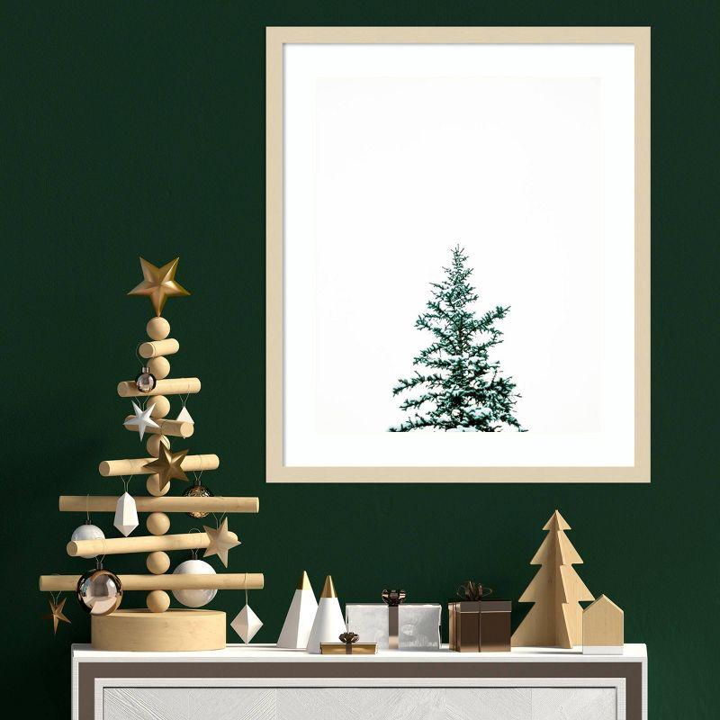 Winter Evergreen Snowy Tree Light Brown Wood Framed Print