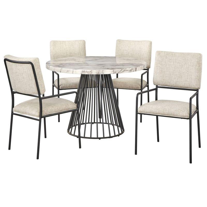 Indra 5-Piece Cream Faux Marble Dining Set with Black Metal Base