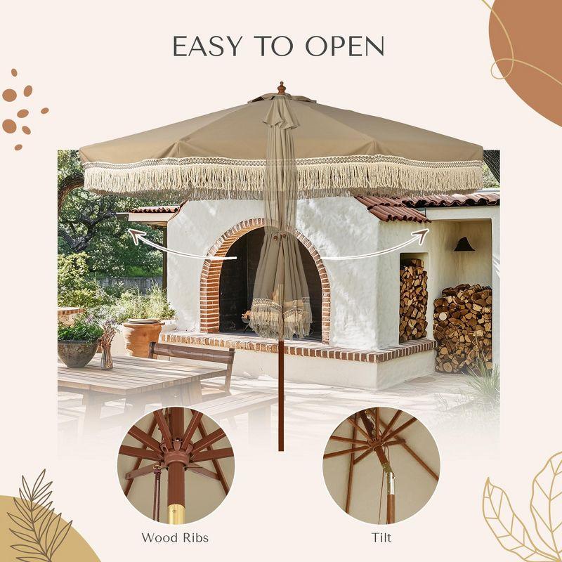 LAGarden BOHO 9' Fringe Patio Umbrella with Tassels UPF50+ Boho Style 5-Year-Non-Fading for Outdoor Yard Market Mocha Meander brown