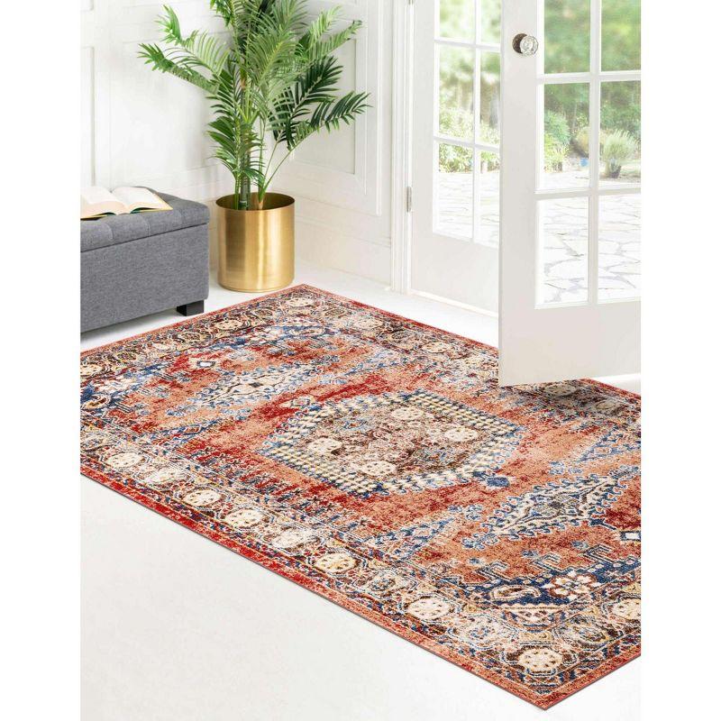 Peach and Red Abstract Stain-Resistant Synthetic Rug