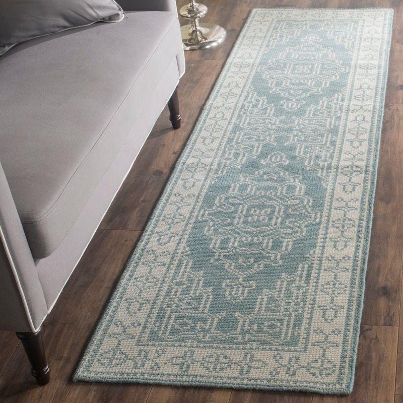 Ivory and Blue Hand-Knotted Wool Area Rug, 2'3" x 8'