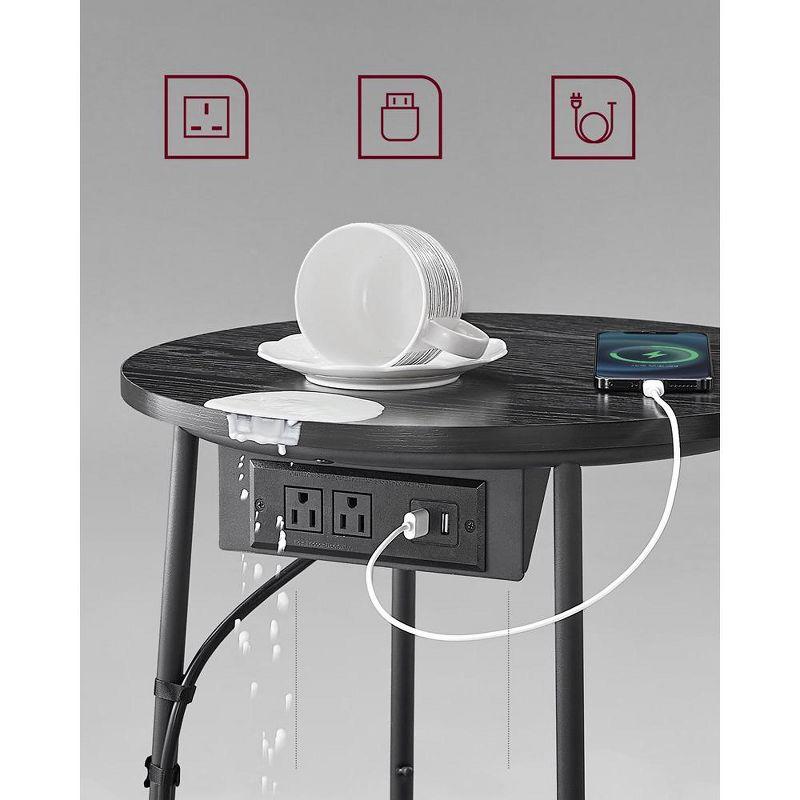 VASAGLE Side Table with Charging Station, Round End Table With Fabric Basket, Nightstand with Power Outlets USB Ports Ebony Black and Slate Gray