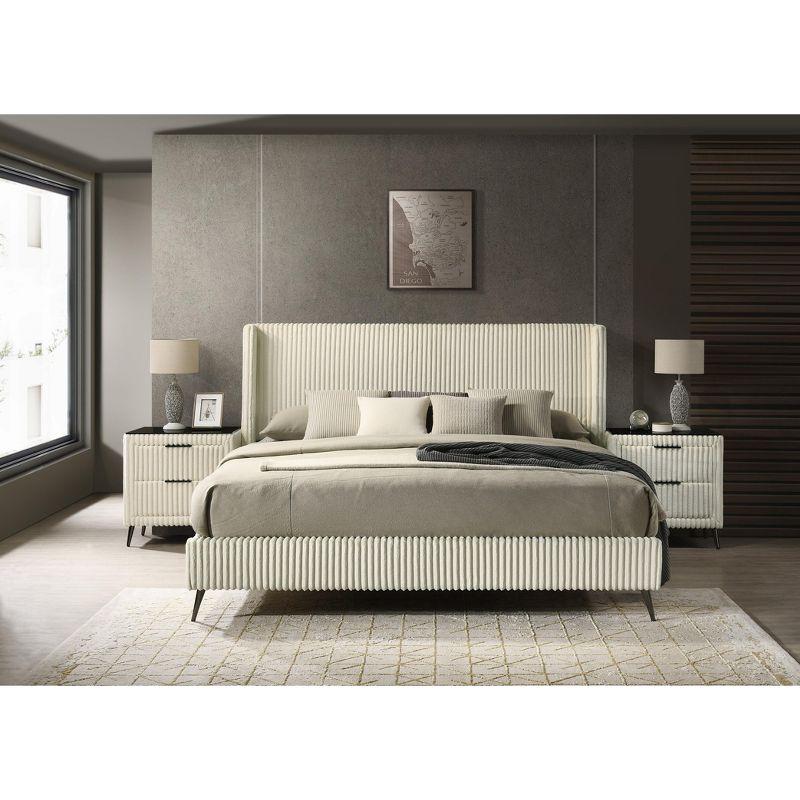Roundhill Furniture Mavela Wide-wale Corduroy Upholstery Panel Bed with 2 Nightstands and Bench Cream Queen
