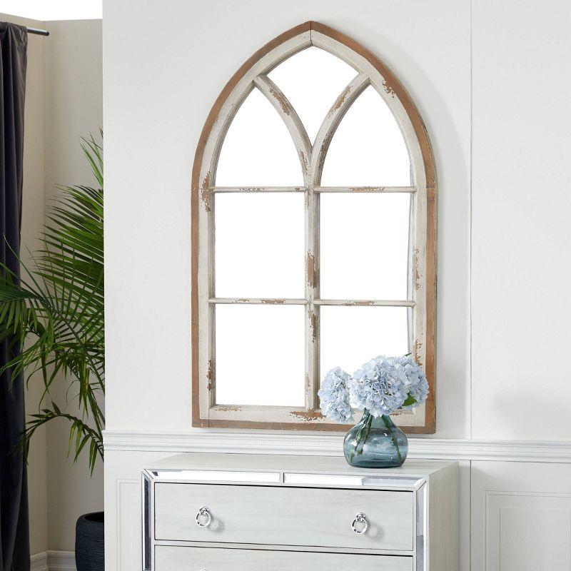 Wood Window Panes Inspired Wall Mirror with Arched Top and Distressing White/Brown - Olivia & May: Cathedral Style, Antiqued Finish