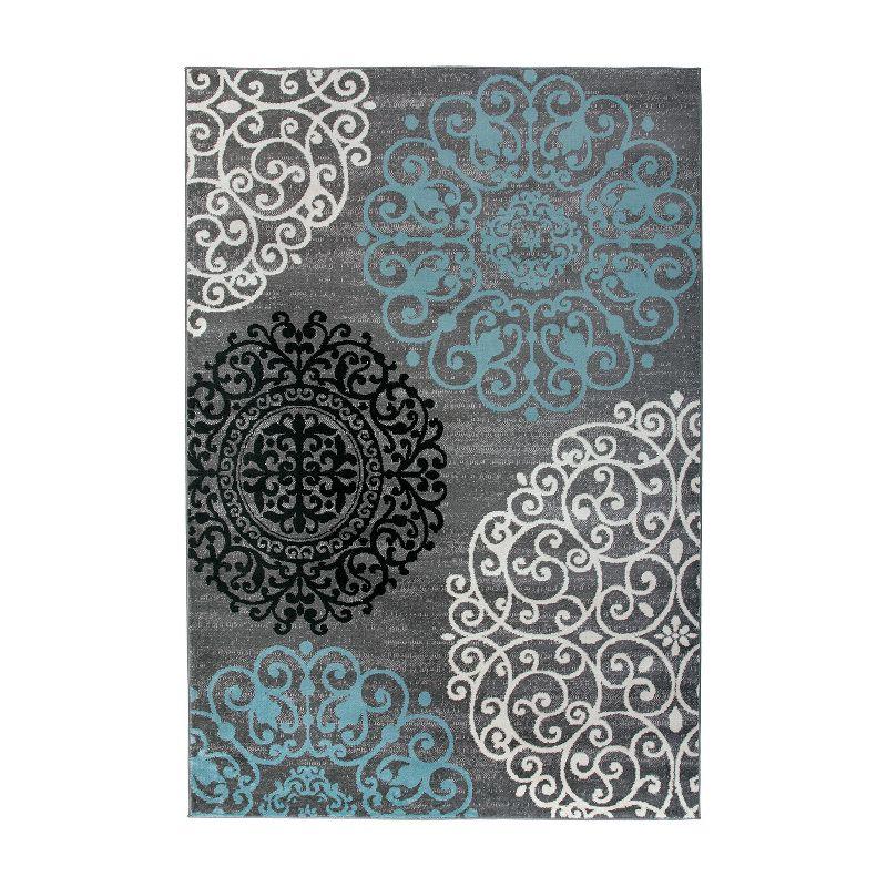 Gray and Blue Floral Synthetic Low Pile Area Rug