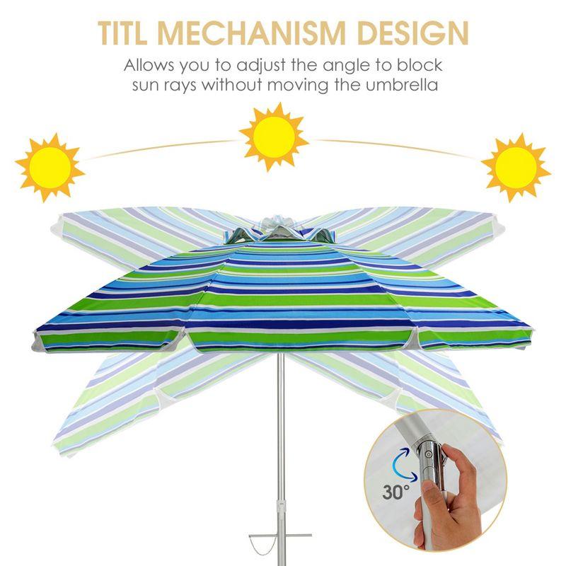 Tangkula 6.5Ft Beach Umbrella w/ Tilt Mechanism Sand Anchor Carrying Bag Blue + Green