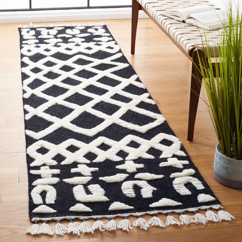 Black and Ivory Wool Hand-Knotted Aztec Runner Rug