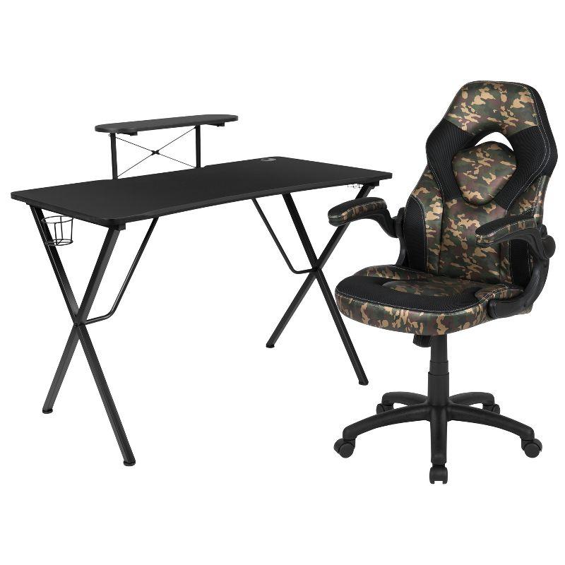 Flash Furniture Black Gaming Desk and Camouflage/Black Racing Chair Set with Cup Holder, Headphone Hook, and Monitor/Smartphone Stand